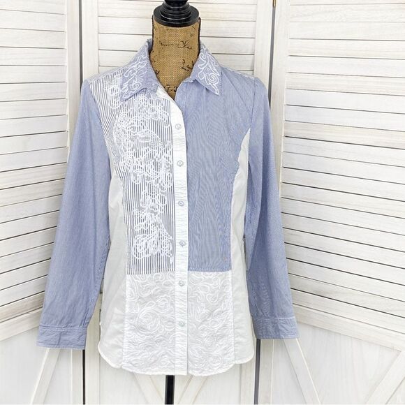 Chicos Embroidered Mixed Stripe Button Front Shirt Blue White Small - Picture 1 of 14